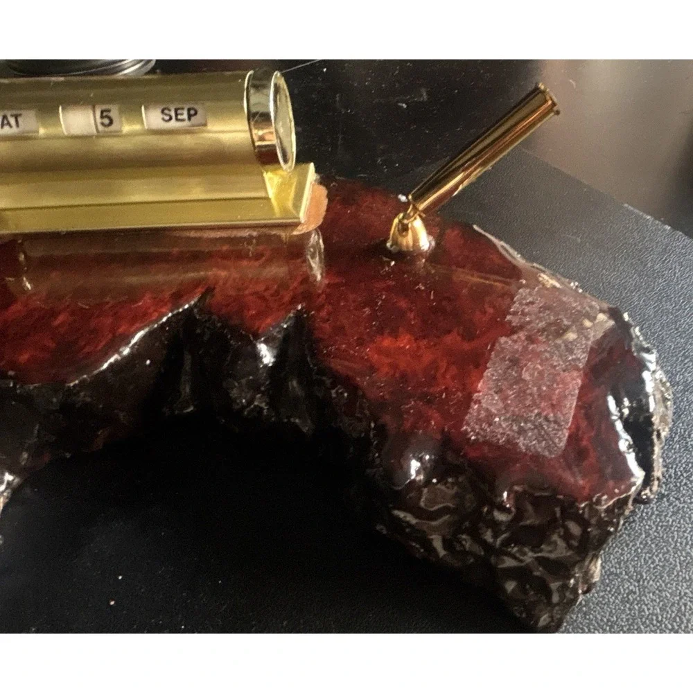 Vintage MCM Redwood Burl Wood Desk Organizer Pen Holder Perpetual Calendar 1970